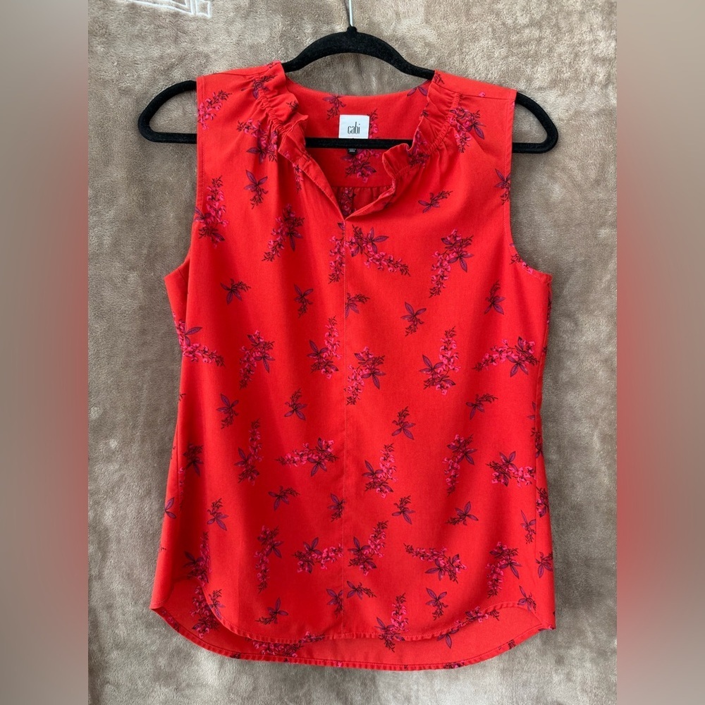 CAbi Red Floral Ruffle-Neck Sleeveless Camisole